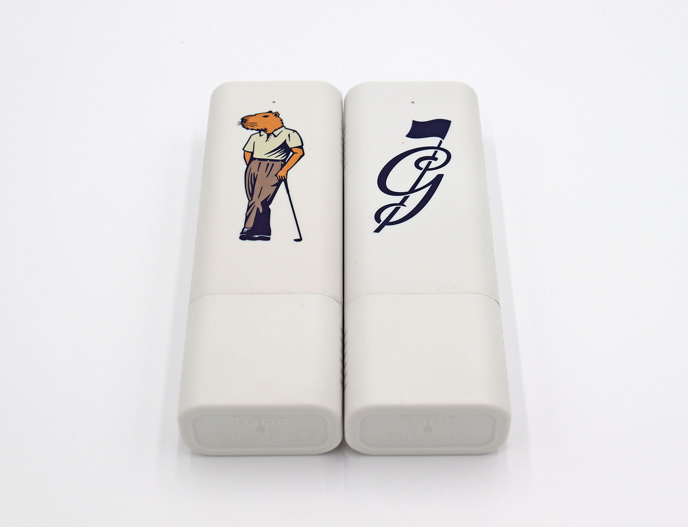 Product photo of a premium cigar case in white with Good Fellow Golf logos. Cigar case is airtight for ultimate protection and freshness.