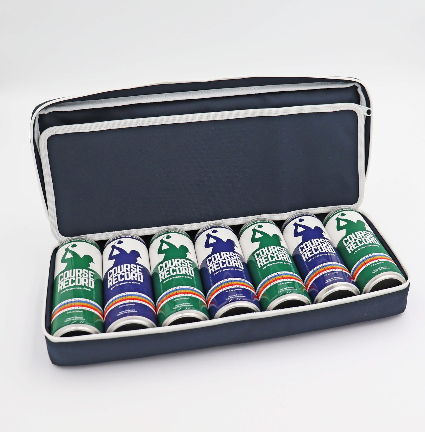 Navy Merrymaker golf organizer shown open with Course Record energy drink inside