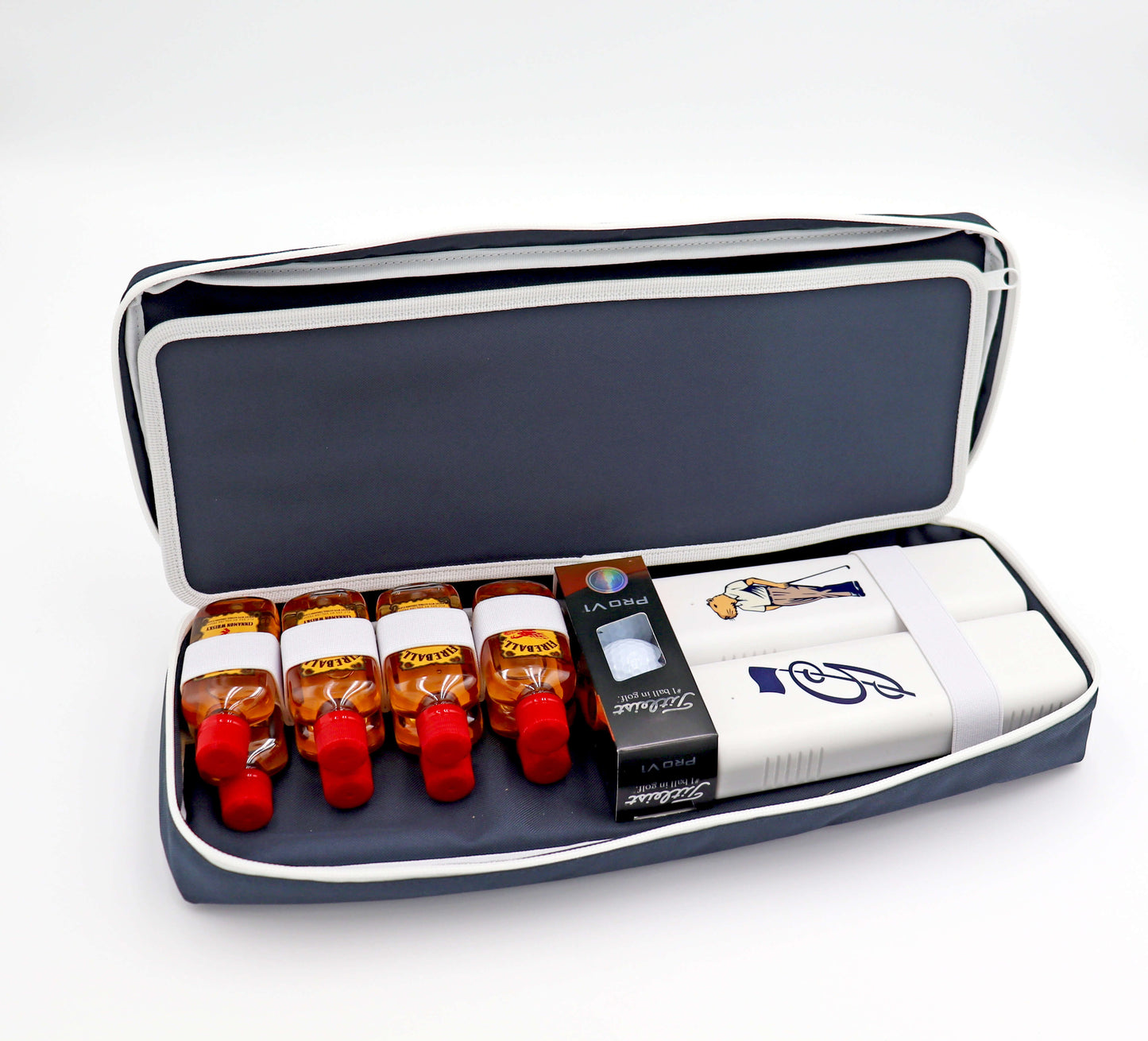 Navy Merrymaker golf organizer shown open with cinnamon whiskey nips, golf balls and cigar cases inside