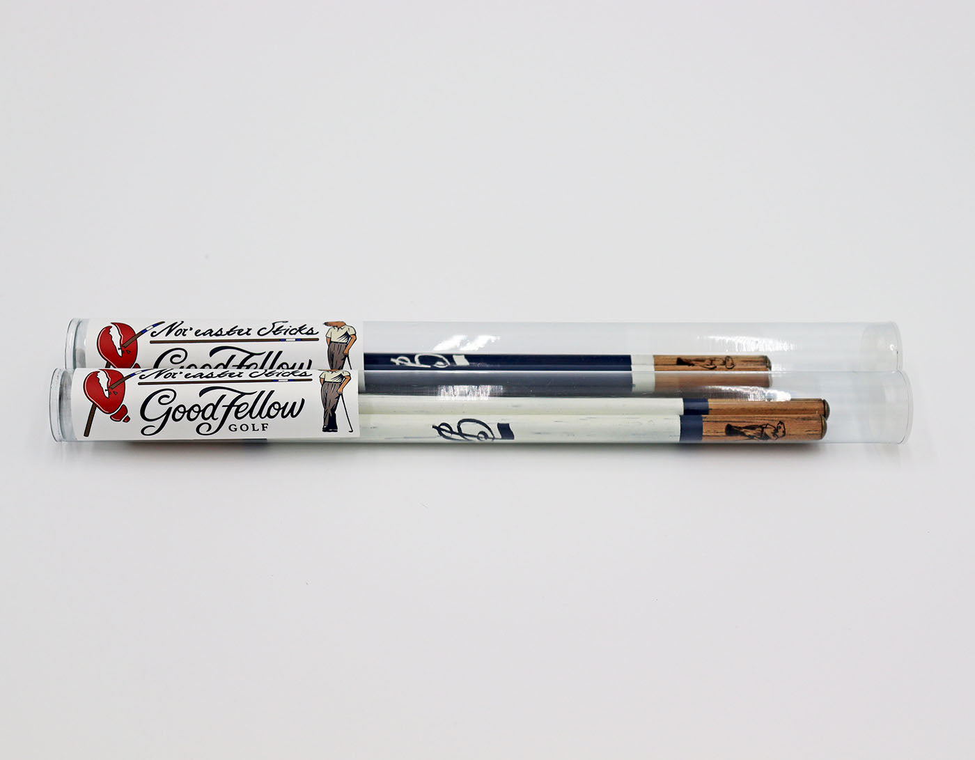 Product image of two sets of handcrafted hickory golf alignment sticks with custom Good Fellow Golf logos ready for sale in Nor-easter Sticks packaging.
