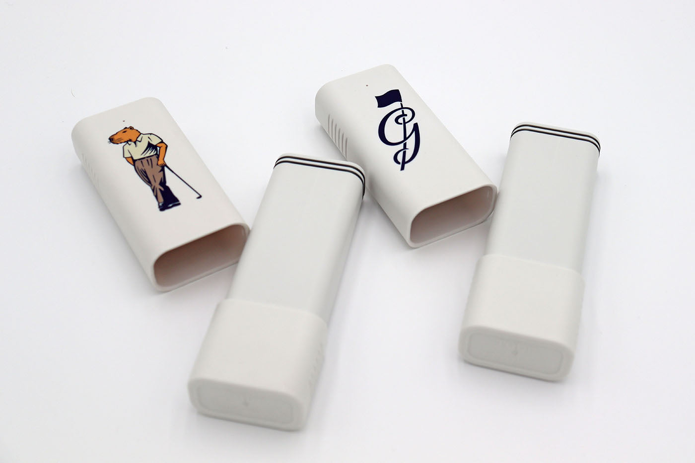Product photo of a premium cigar case in white with Good Fellow Golf logos. Cigar case is airtight for ultimate protection and freshness.