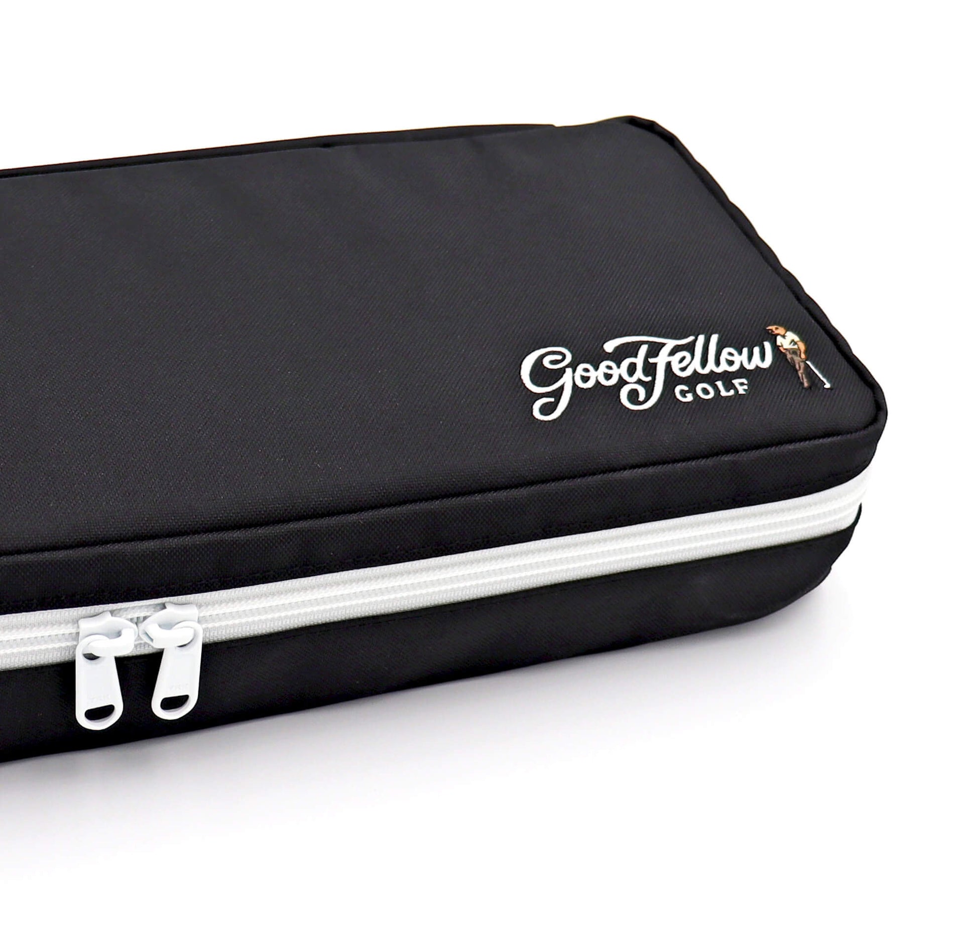 Black Merrymaker golf organizer with  Good Fellow Golf logo on a white background