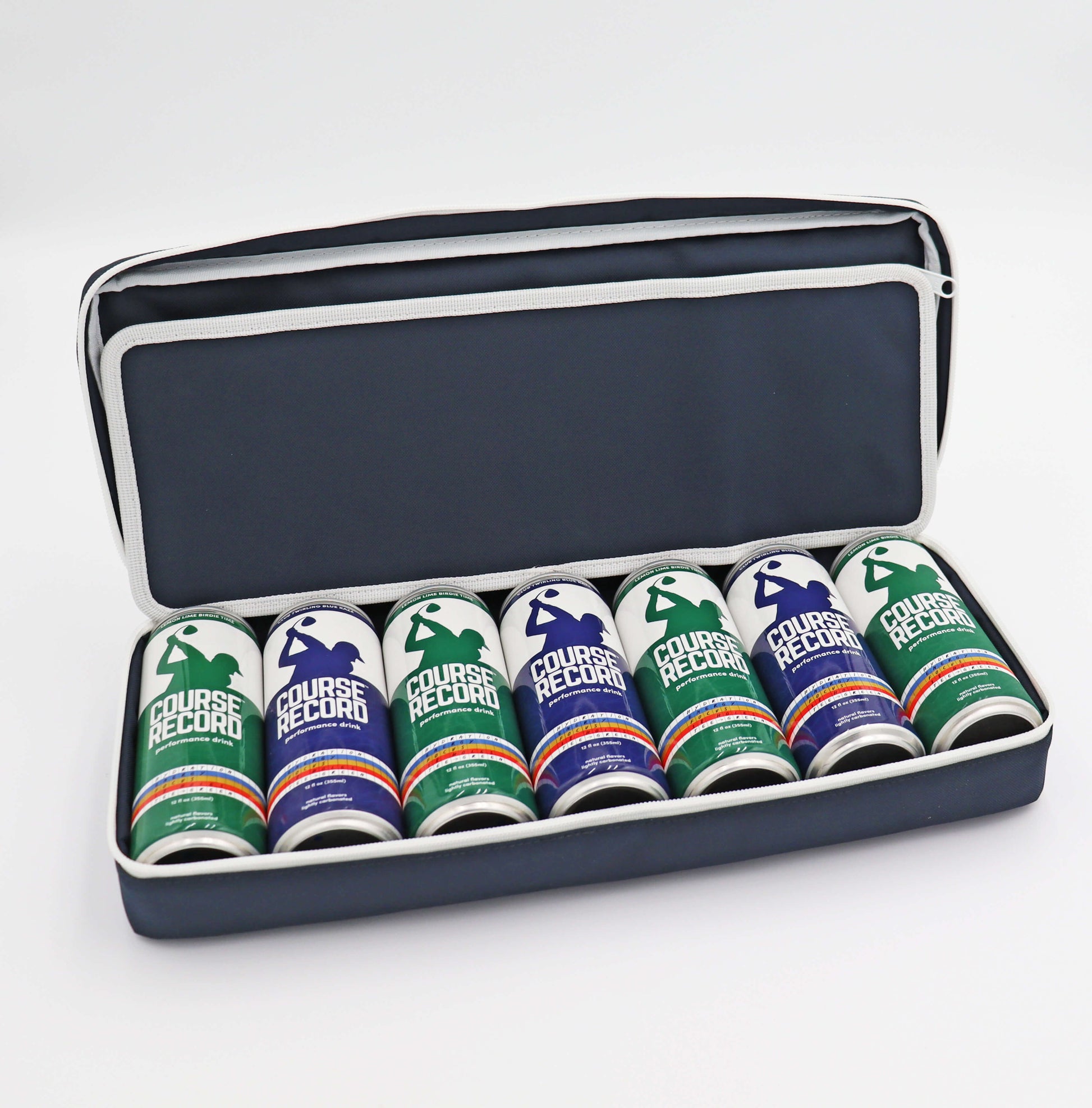 Navy Merrymaker golf organizer shown open with Course Record energy drink inside