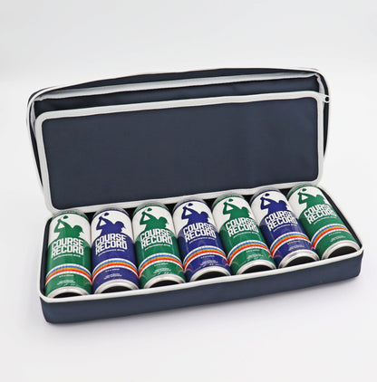Navy Merrymaker golf organizer shown open with Course Record energy drink inside