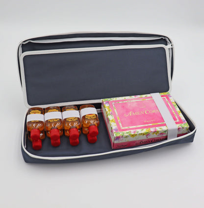 Navy Merrymaker golf organizer shown open with cinnamon whiskey nips and limited edition Masters tournament golf balls inside