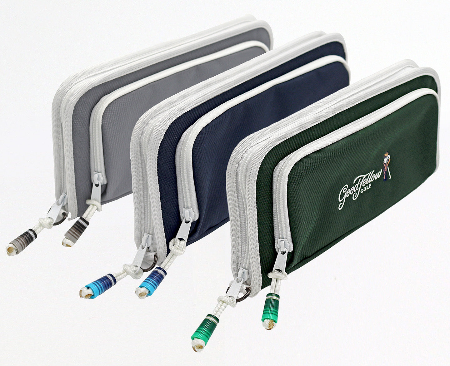 Product image of Good Fellow Golf’s striped ferrules on zipper pull loops in blue, green and grey shown attached to the Purist organizers.