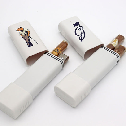 Product photo of a premium cigar case in white with Good Fellow Golf logos. Cigar case is airtight for ultimate protection and freshness.