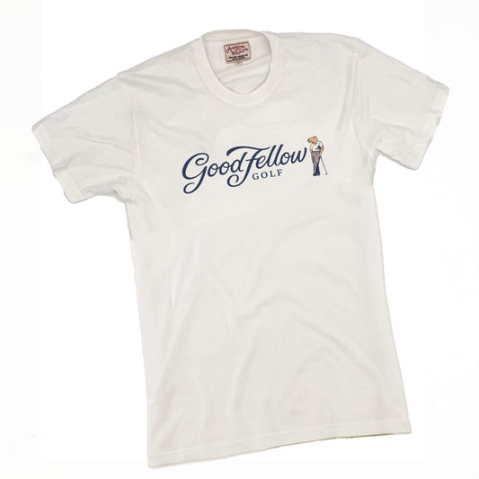 White crew neck Good Fellow Golf tee with logo
